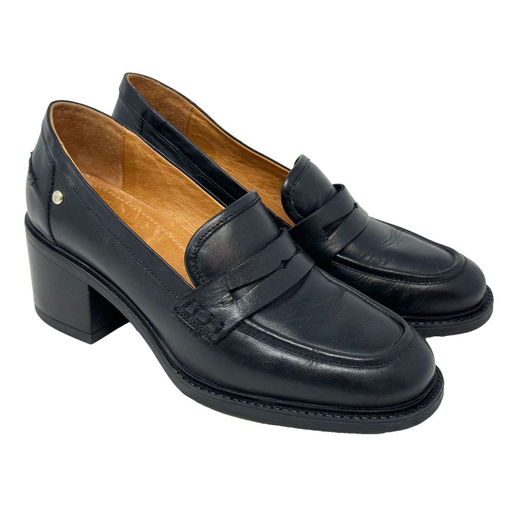 Pikolinos Huesca Heeled Loafers Womens 8.5 EU39 Black Leather Shoes Penny Block